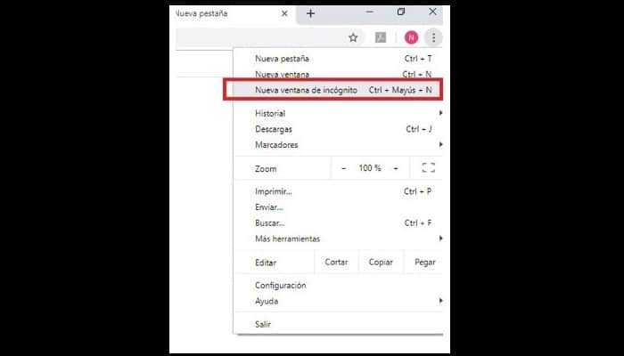 Haz clic en "Nueva ventana en modo de incógnito"