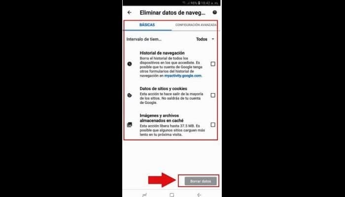 Presiona el botón de "Borrar datos"