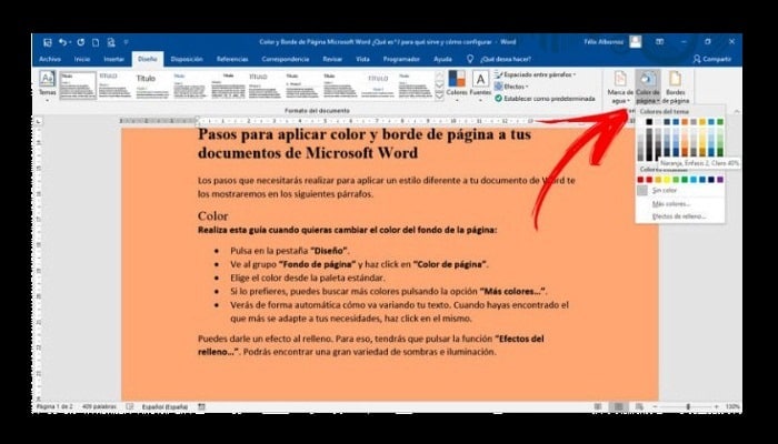 Poner colores en una página Word