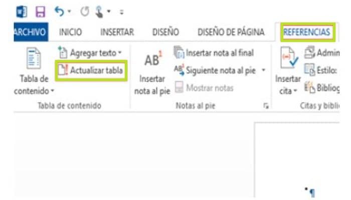 Haz clic en "Referencias " y "Actualizar tabla"