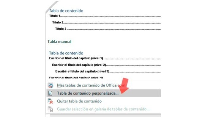 Selecciona "Tabla de contenidos personalizada"