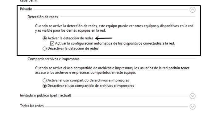 Activar la detección de redes en Windows 10