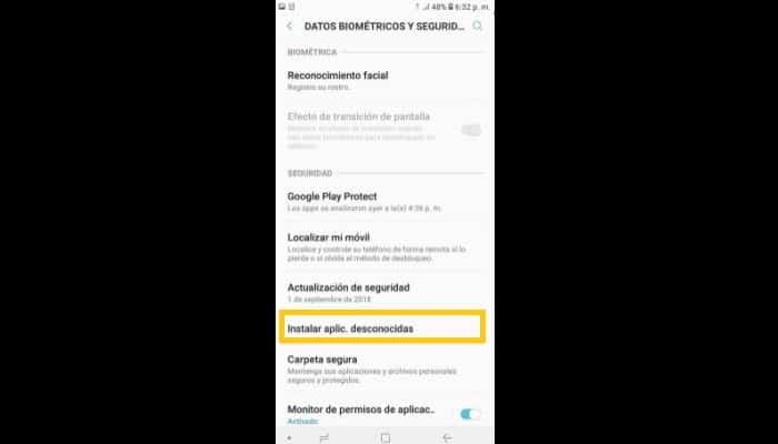 Ingresa donde dice Instalar aplicaciones desconocidas