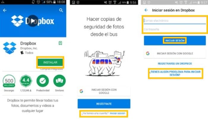 Ingresar a Dropbox desde la aplicación