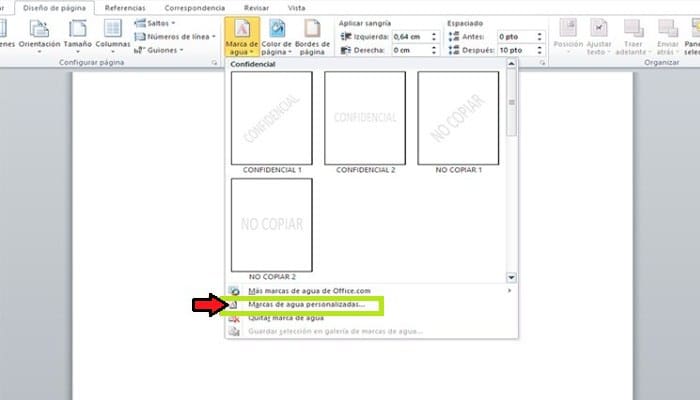 Ve a la opción de Marcas de agua personalizadas