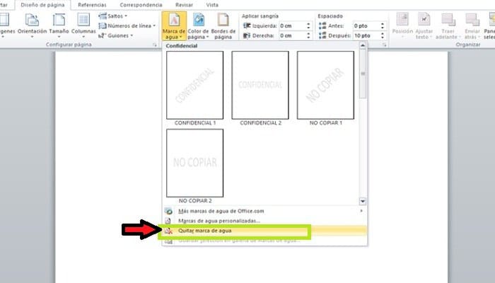 Haz clic en Quitar marca de agua