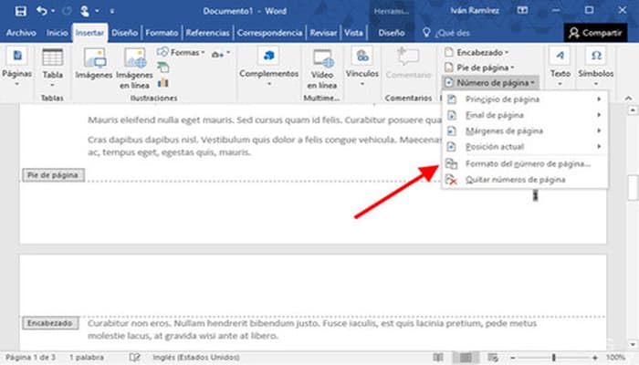 como agregar número de página en word