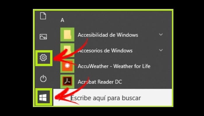 Haz clic en el botón del menú de inicio y en el engranaje