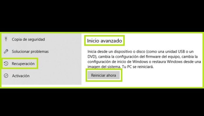 Elige "Inicio avanzado", y haz clic en "Reiniciar ahora"