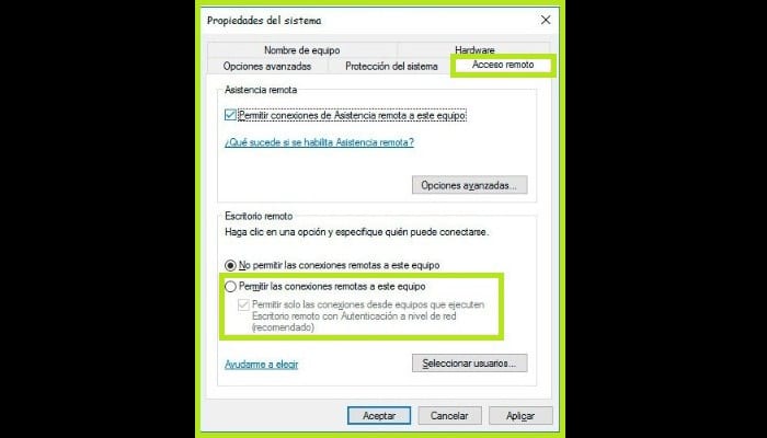 Elige la opción "Permitir conexiones remotas a este equipo"
