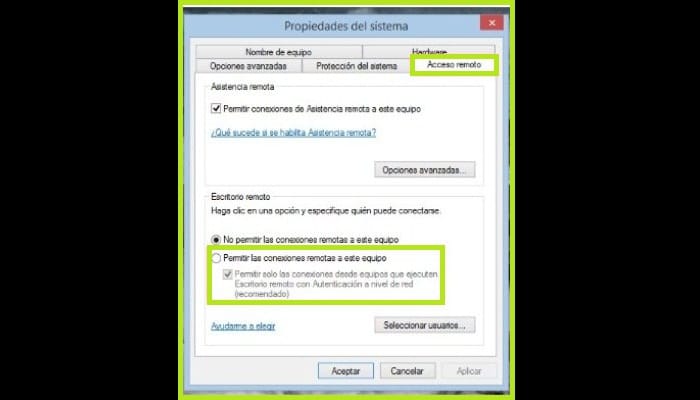 Haz clic en la opción "Permitir conexiones remotas a este equipo"