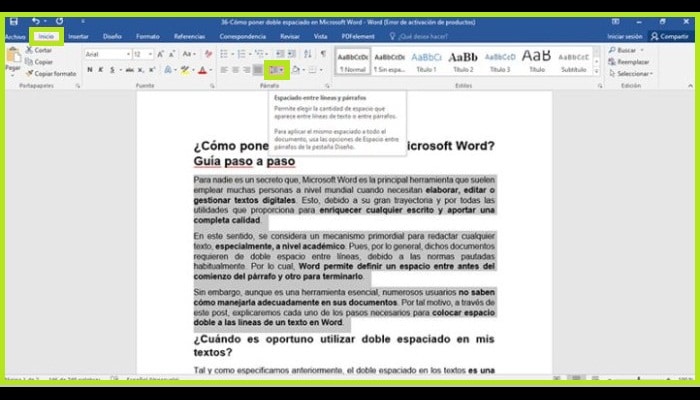 Haz clic en Espaciado entre líneas y párrafos