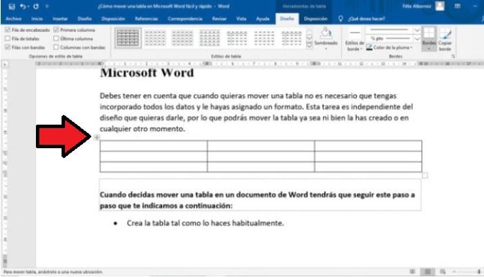 Mover una tabla en Word