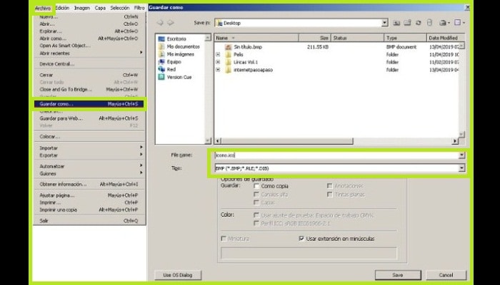 Elige el formato BMP y coloca la extensión .ico