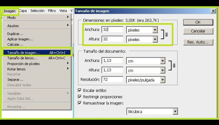 Haz clic en "Imagen" luego en "Tamaño de la imagen" y establece el tamaño en 32x32 píxeles