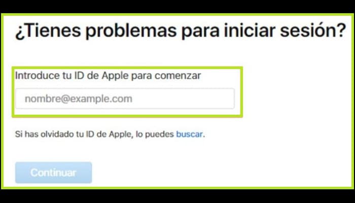 Escribe tu ID de Apple en la casilla que aparece en la pantalla