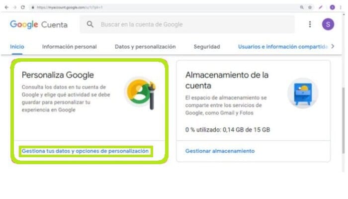 Gestiona tus datos y opciones de personalización