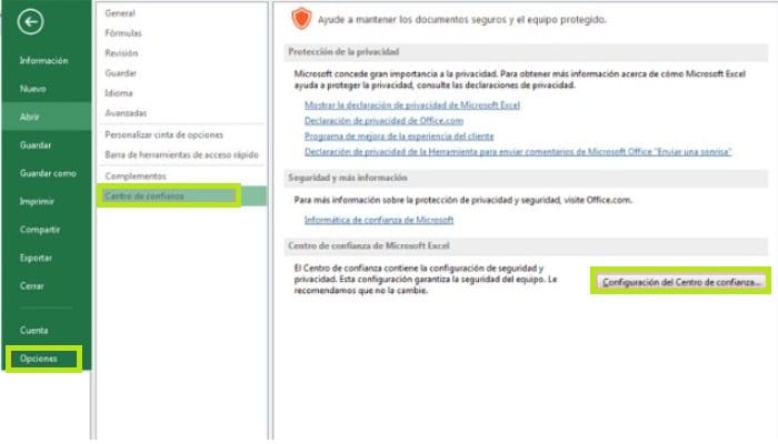 Configuración del Centro de Confianza