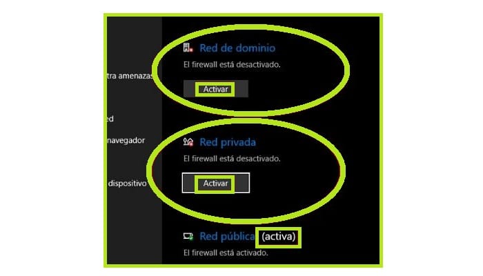 Desactiva el firewall de "Red de Dominio" y "Red Privada"