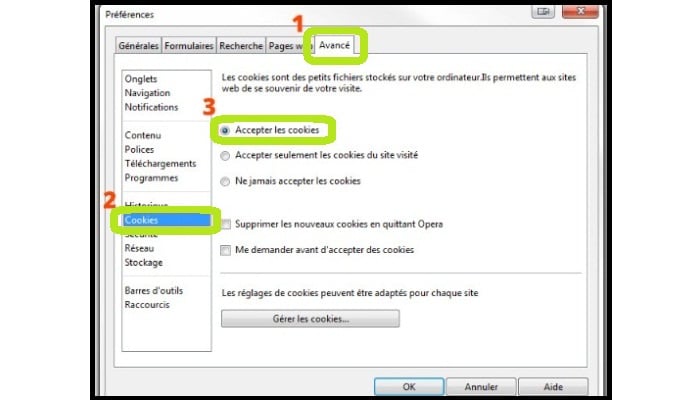 Activar o desactivar las cookies en Opera