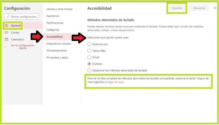 Función de atajos y métodos de teclado en Outlook