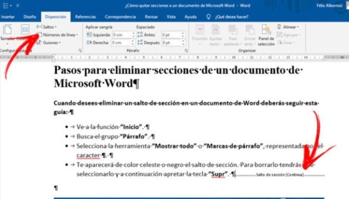 Quitar secciones del documento de Word