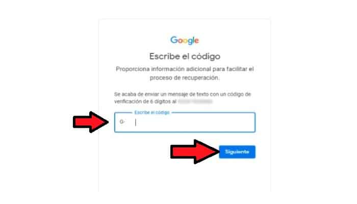 Ingresa el código enviado por Google