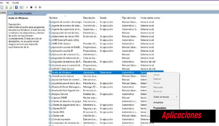 Reiniciando los Servicios de audio de Windows